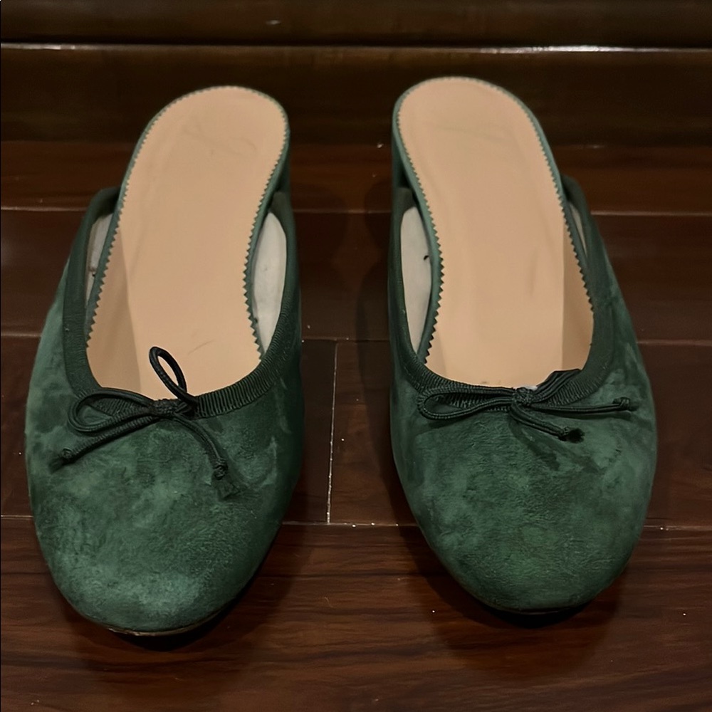 J. Crew Dark Green Ballet Suede Mules with Bow